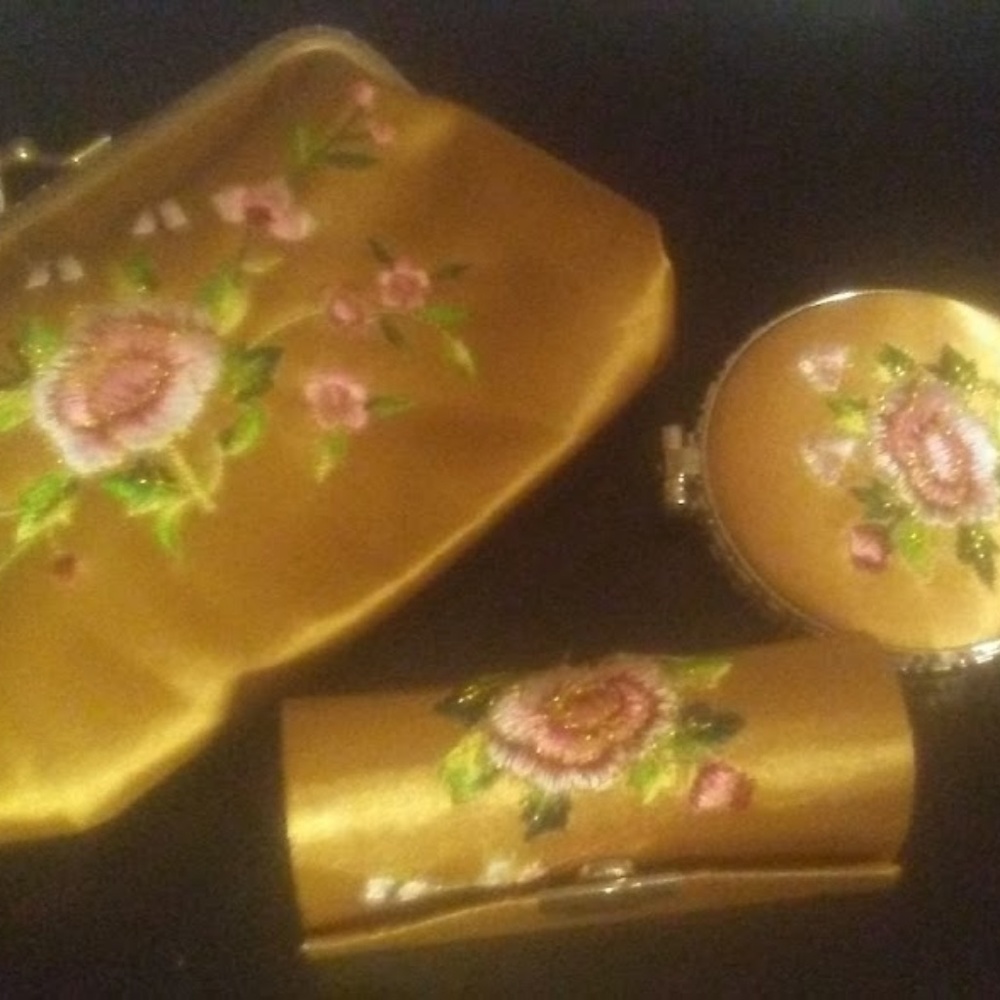 Gold Silk Brocade Embroidered Cosmetic 3 PC Set